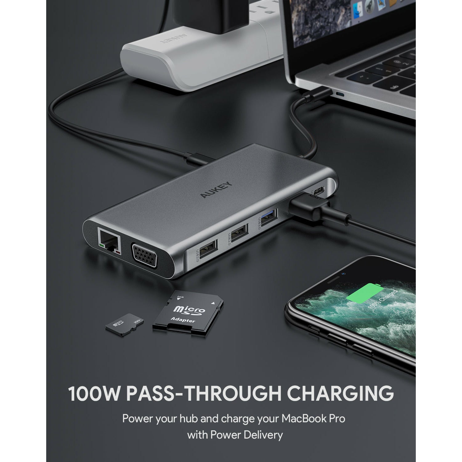 AUKEY CBC78 12 in 1 USB C Hub with Gigabit Ethernet, Dual 4K HDMI, VGA Silver