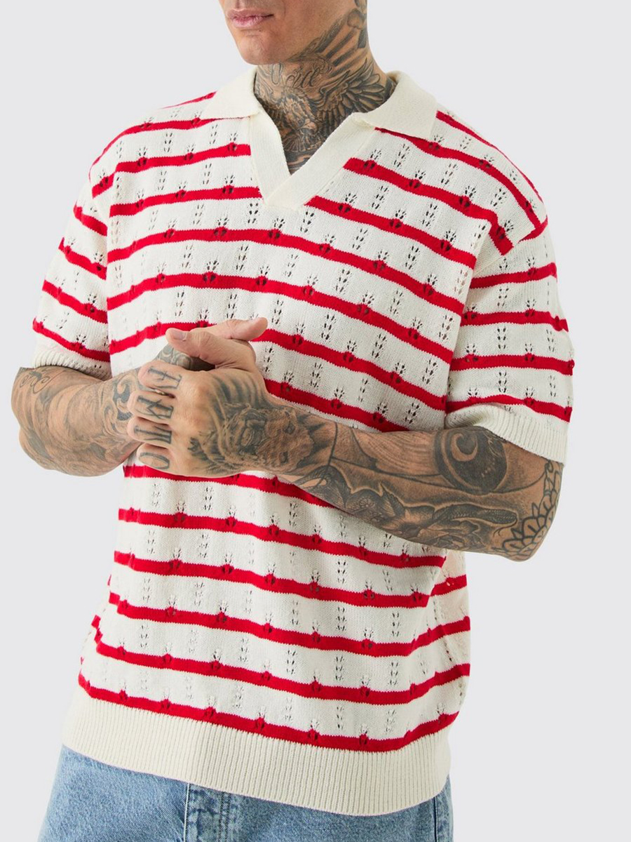 TALL SHORT SLEEVE OVERSIZED CROCHET KNIT STRIPE POLO