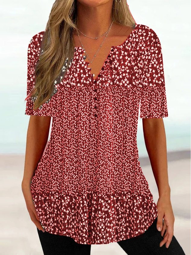 V Neck Floral Regular Fit Casual Shirt