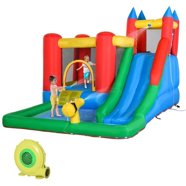 6-in-1 Kids Bounce House Inflatable Water Slide with Pool, Water Gun, Climbing Wall, Inflator Included