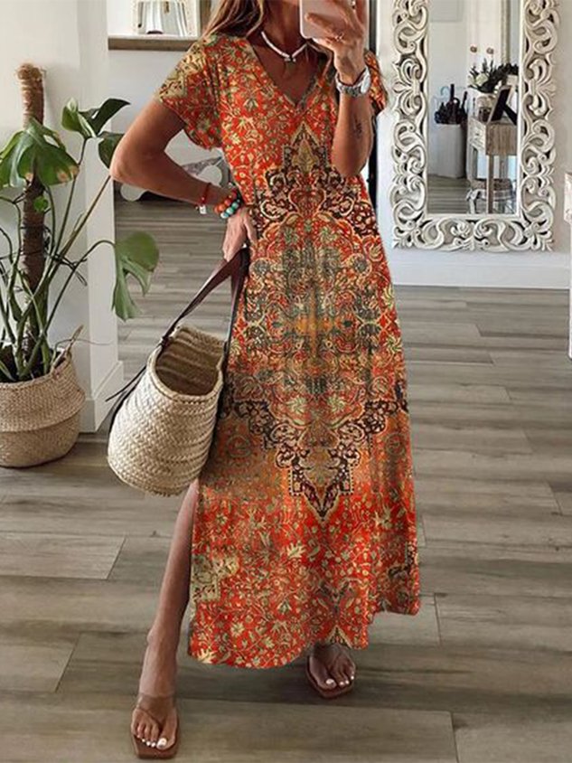 Vintage Ethnic V Neck Loose Dress