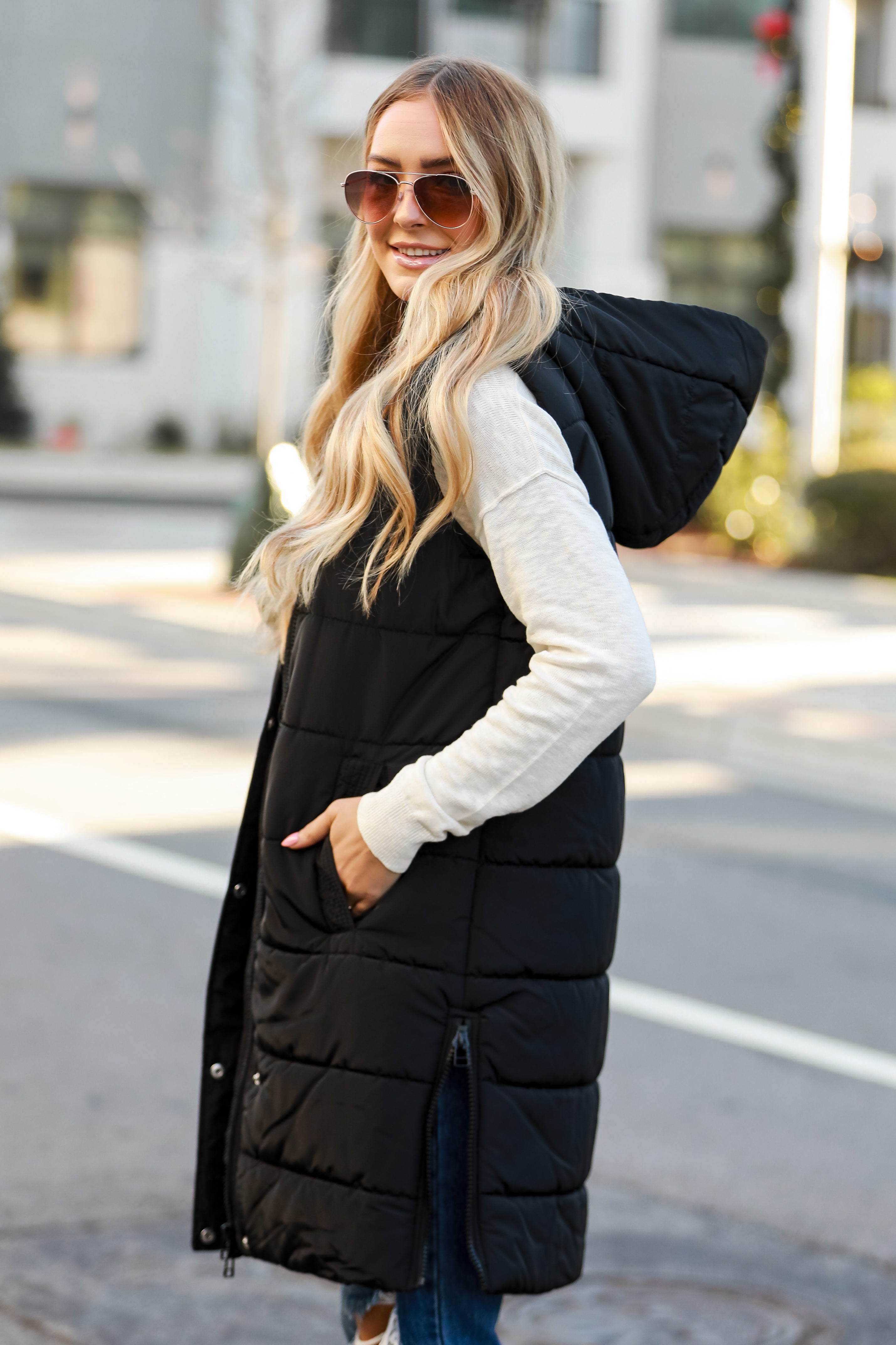 FINAL SALE - In The City Black Quilted Hooded Longline Puffer Vest