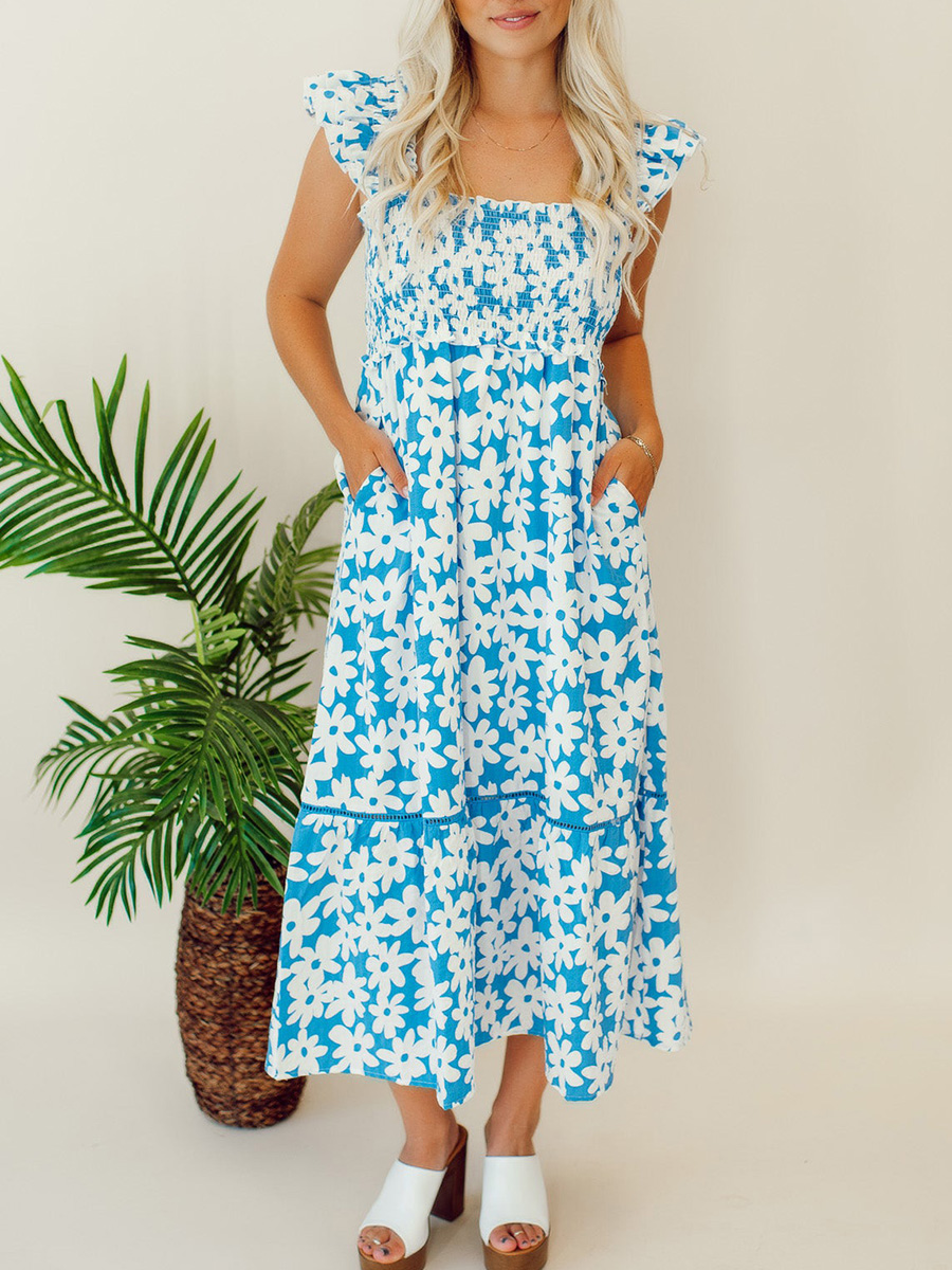 Blue floral pleated mid length dress