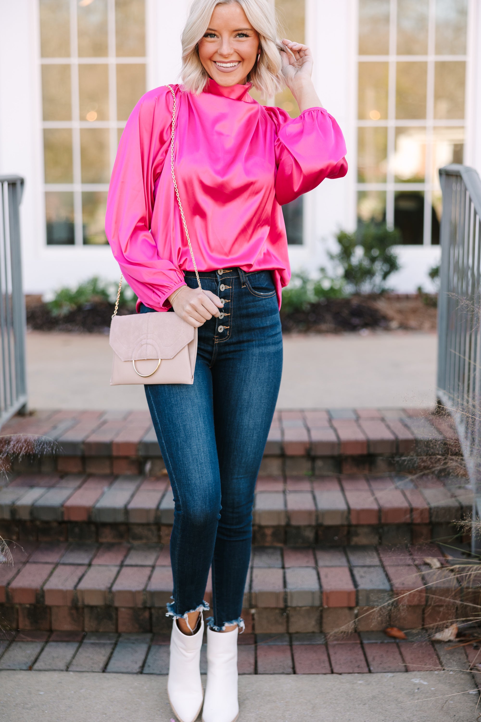 Embrace The Joy Fuchsia Pink Satin Blouse