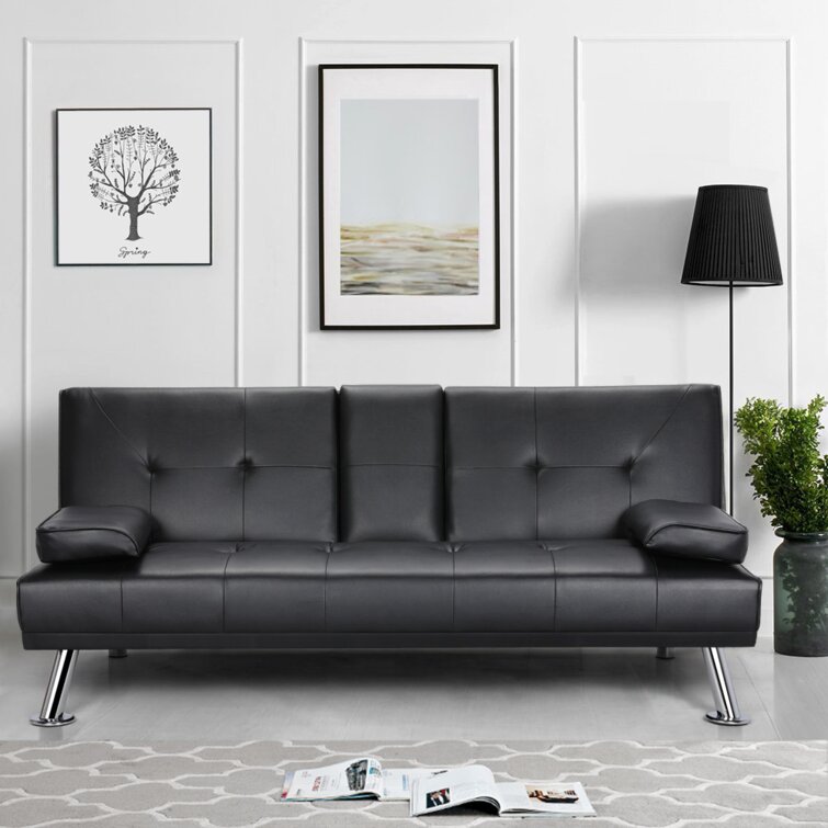 Janni 66'' Wide Faux Leather Cushion Back Convertible Sofa with Cup Holder