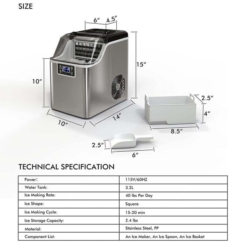 40LBS/24H Portable Ice Maker Countertop Ice Machine with Top Inlet Hole & Self-Clean Function