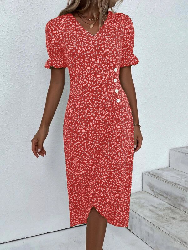 Women Vacation Floral Print V Neck Button Dress