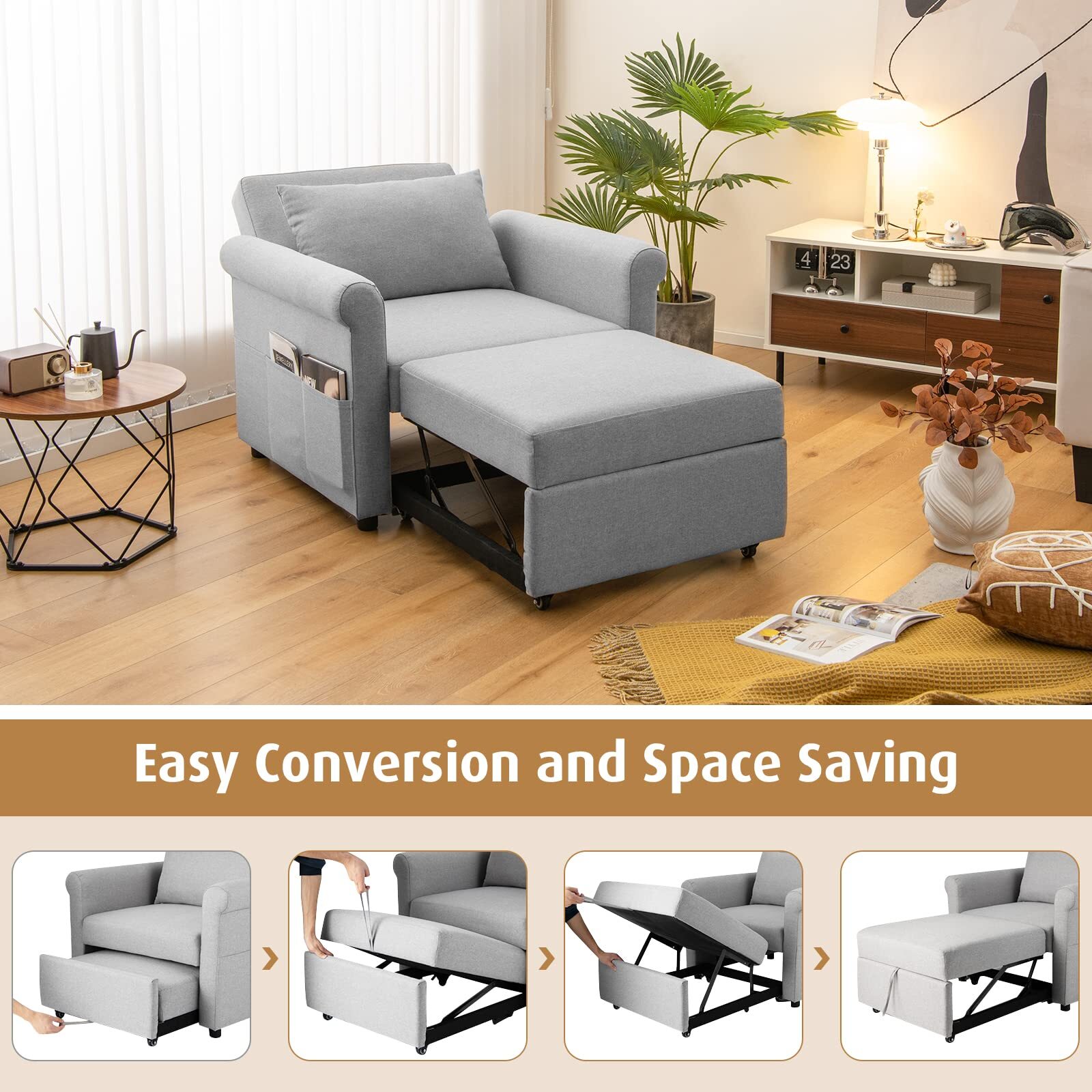 Convertible Sofa Sleeper - 3-in-1 Pull-Out Chair Bed, Adjustable Recliner Backrest