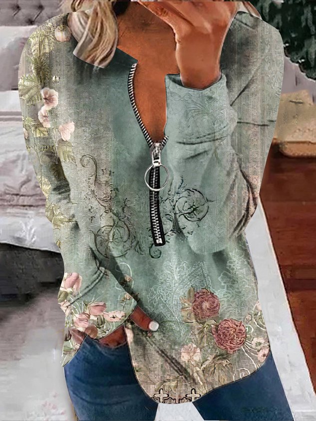 Casual V Neck Floral Sweatshirt