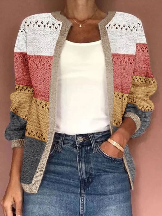 Women Knitted Color Block Long Sleeve Comfy Casual Jacquard Cardigan