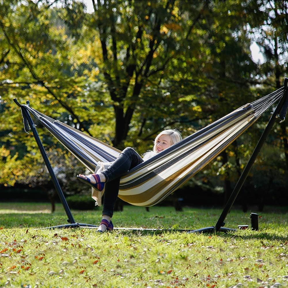 Double Cotton Hammock with Space Saving Steel Stand, Tropical (450 lb Capacity - Premium Carry Bag Included)