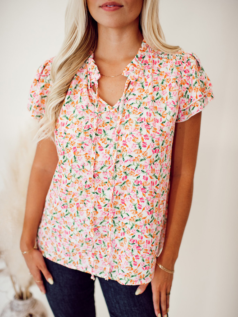 Flower pattern tie up layered short sleeved top