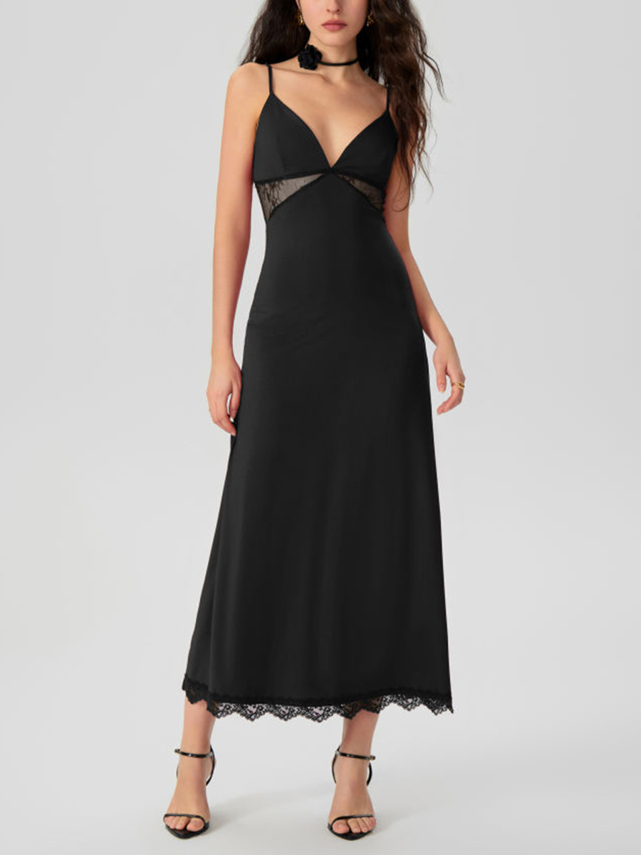 LACE HEM SATIN V-NECK MIDI DRESS