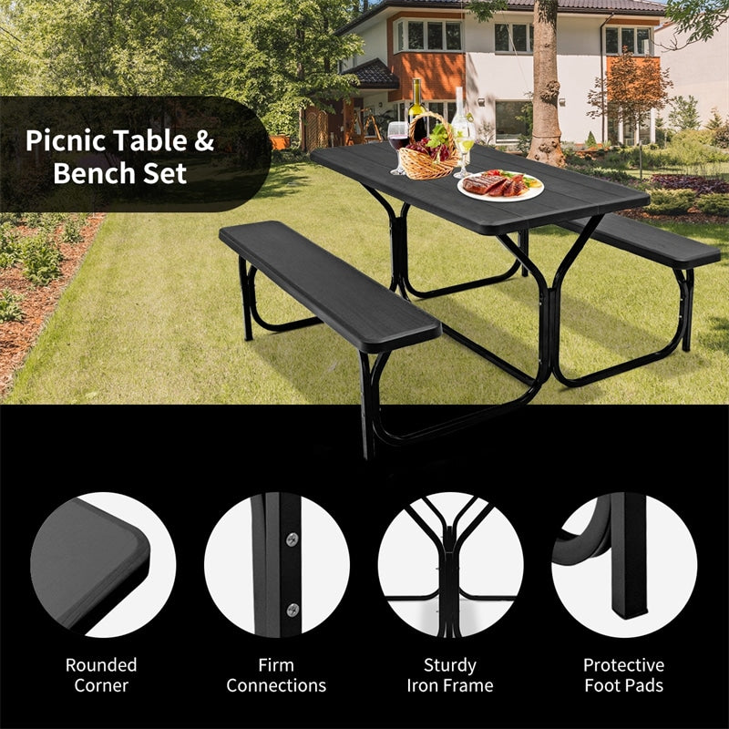 Outdoor Picnic Table Bench Set All-Weather Camping Dining Table Set with Metal Base