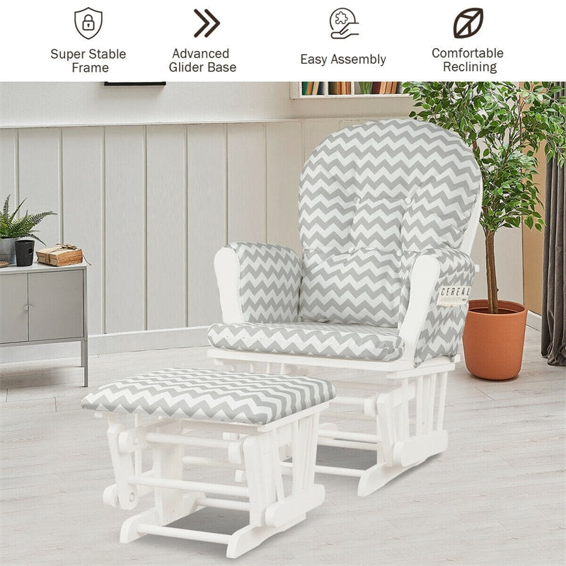 Wood Baby Glider Rocking Chair Nursery Chair with Gliding Ottoman & Storage Pocket