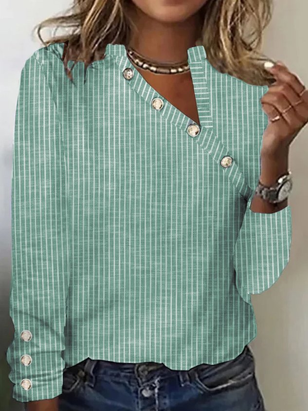 Buttoned Detail Casual Asymmetrical Neck T-Shirt