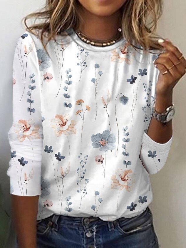 Floral Print Casual Crew neck Long Sleeve T-Shirt