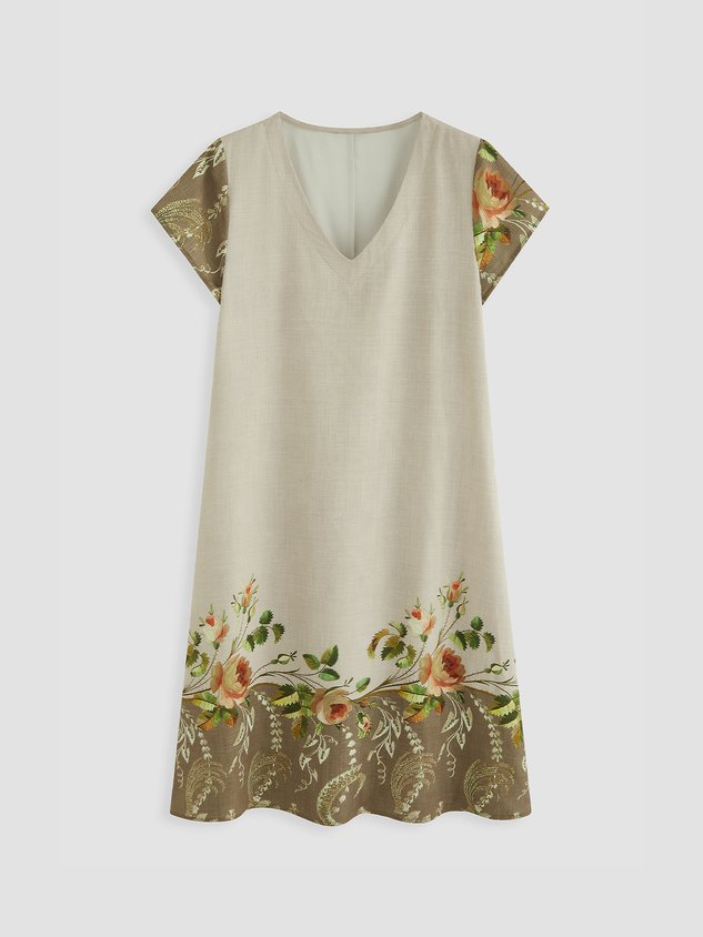 Women's V Neck Rose Floral Priented Short Sleeve Dress