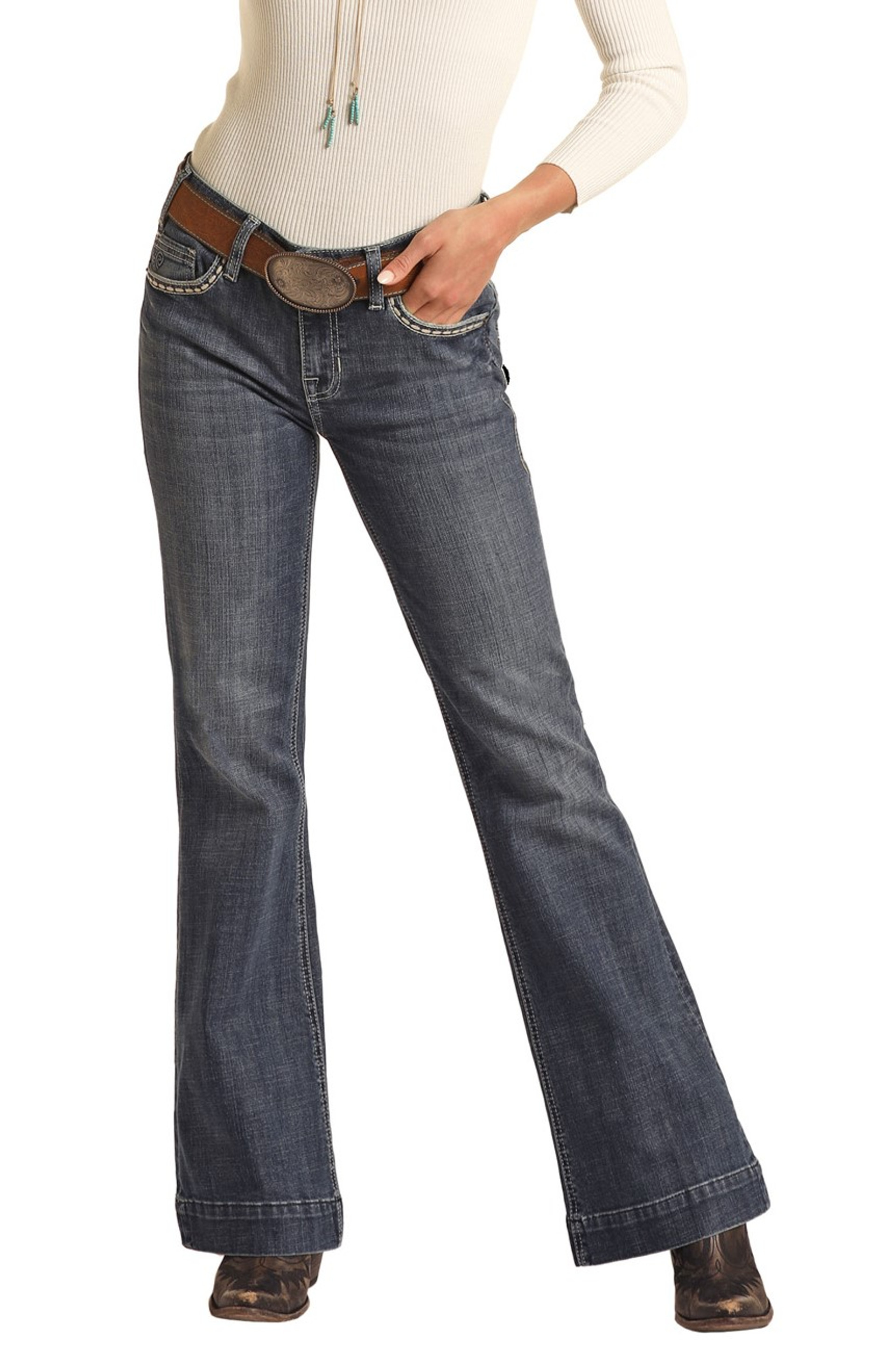 Simple women's mid-waist pocket line design details denim pants