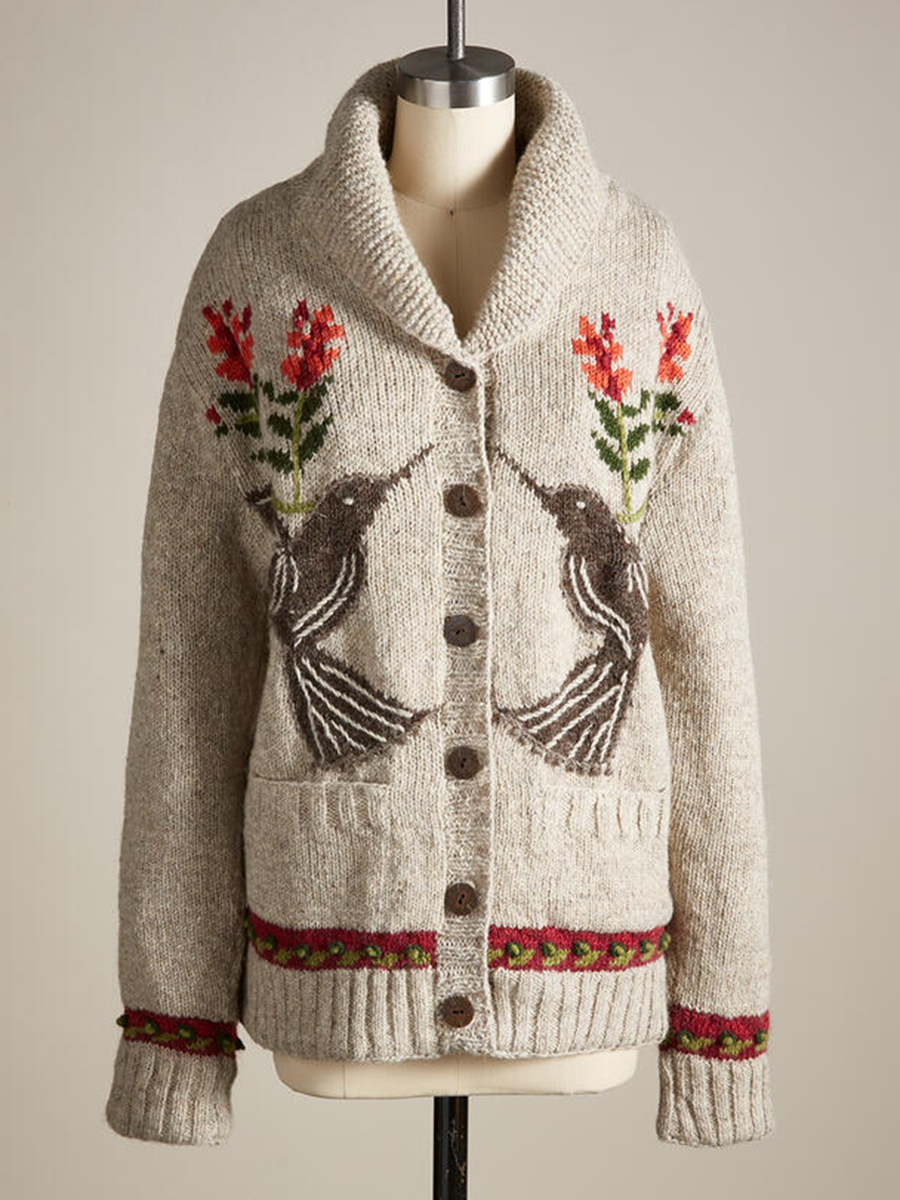 Vintage bird embroidered knitted cardigan