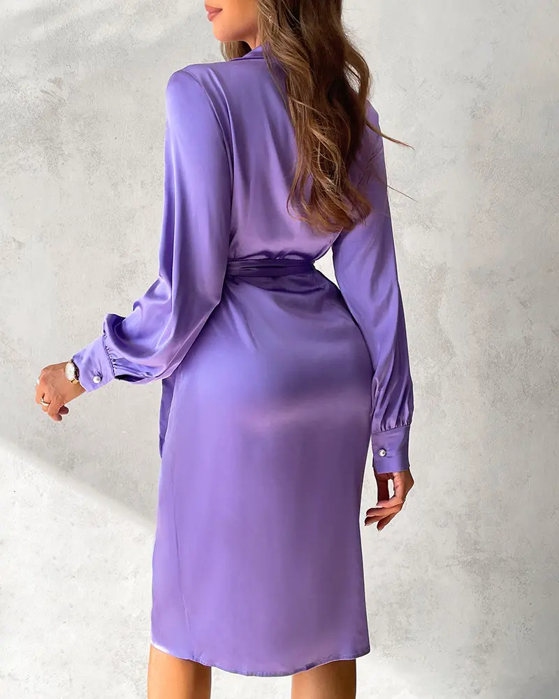 Knotted Slit Ruched Satin Shirt Dress