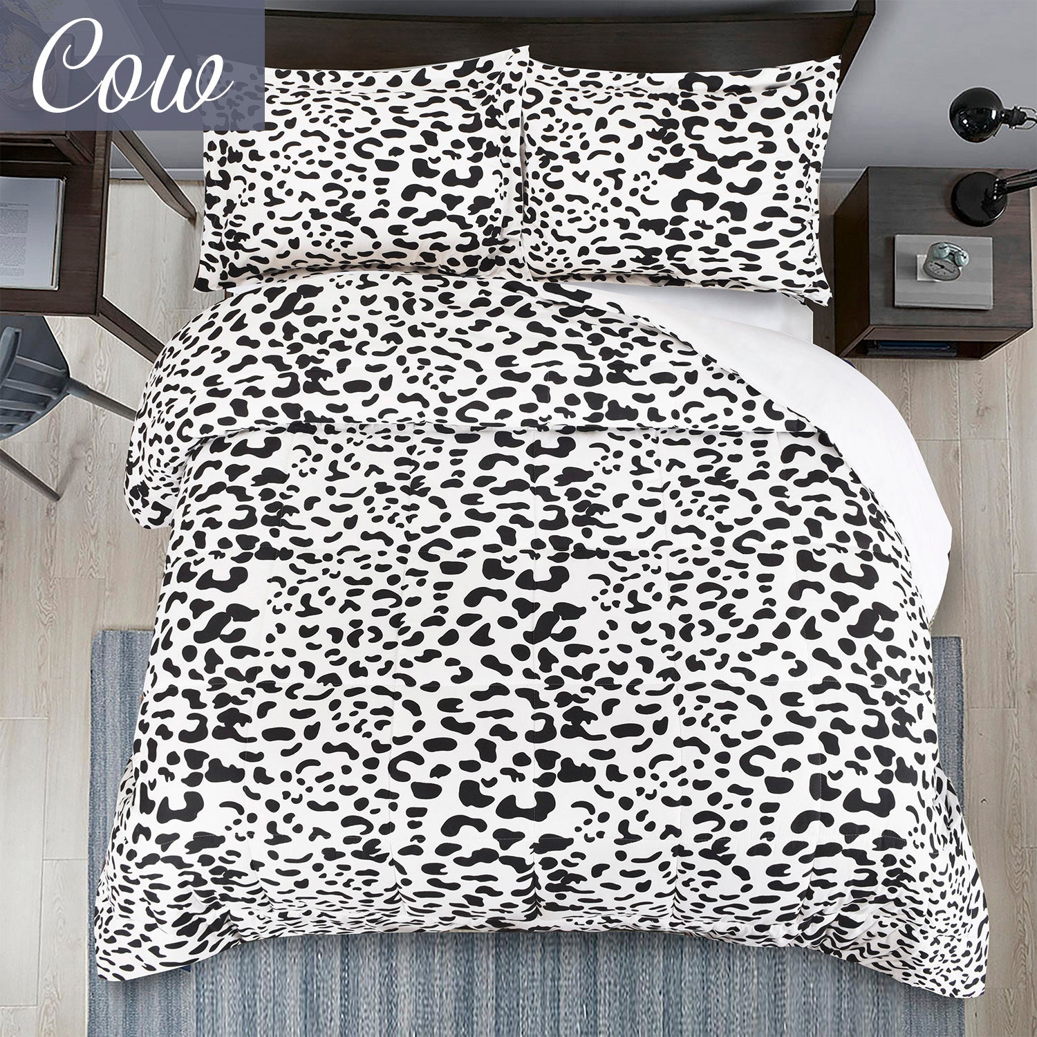 HIG Animal Themed Print Comforter Set, Cow Pattern, 3 PCS Lightweight Quilted Comforter with Two Shams