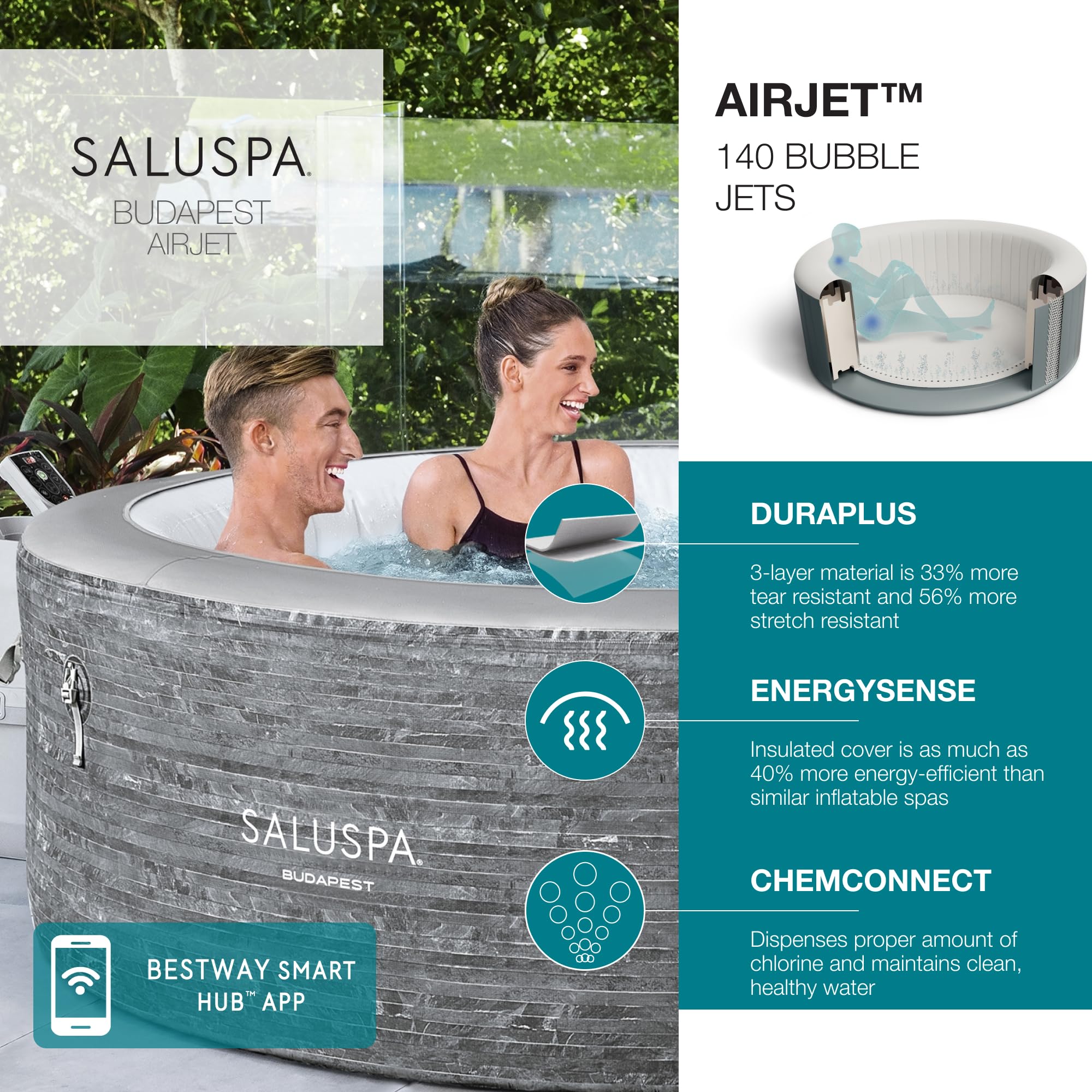 Bestway SaluSpa Budapest Inflatable Hot Tub Spa | Portable Hot Tub with Energy-Efficient Cover