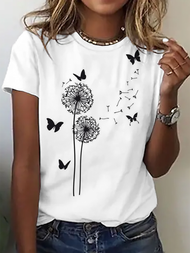 Floral Jersey Crew Neck Loose Casual T-shirt