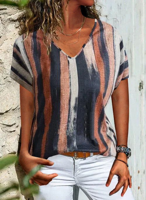 Stripes V Neck Basic Shift Short Sleeve T-shirt