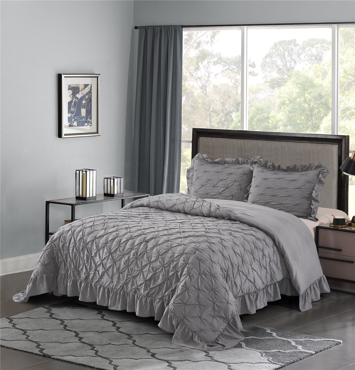 3 Piece Pinch Pleated Comforter Set - Chic Embroidery Farmhouse Style Bedding Set