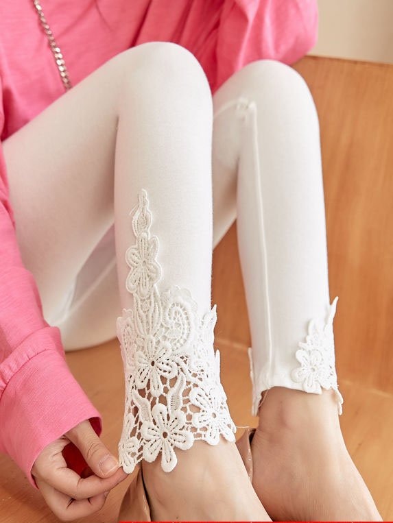 Casual Plain Lace Edge Natural Ankle Pants Legging