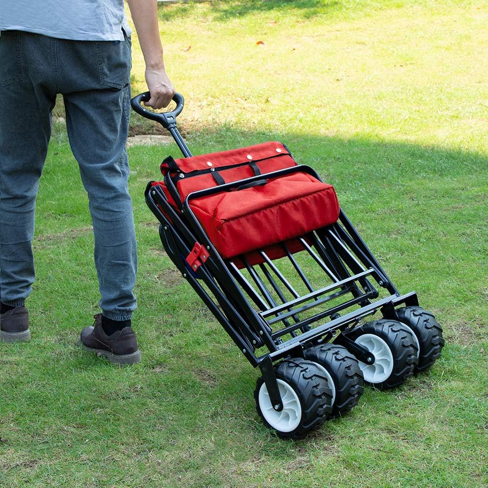 BEAU JARDIN Folding Beach Wagon Cart 300 Pound Capacity Collapsible Utility Camping Grocery Canvas Portable Rolling Outdoor Garden Sport Heavy Duty Shopping Wide All Terrain Wheel Black BG377