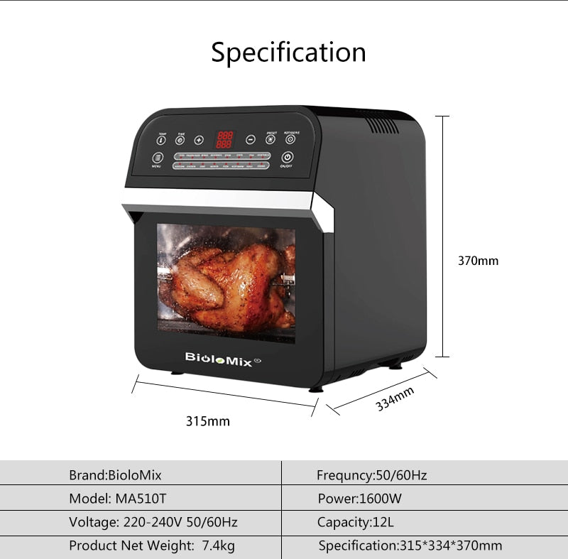 12L Air Fryer Oven, 1600W Air Fryer Oven Toaster, Rotisserie And Dehydrator with LED Digital Touchscreen 16-In-1 Countertop Oven