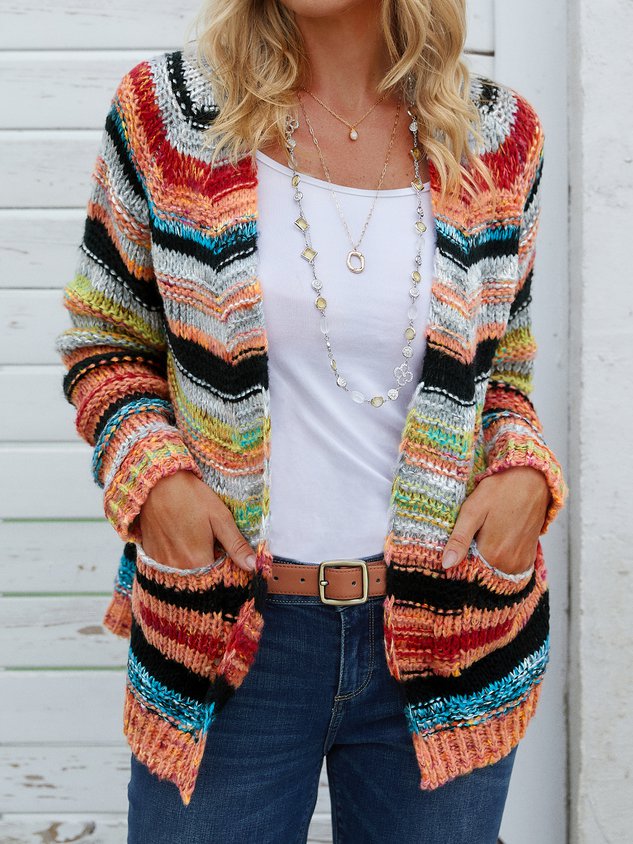 Jacket Long Sleeve Casual Striped Sweater coat