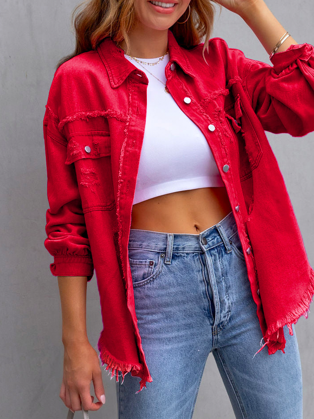 Shawl Collar Long Sleeve Plain Ripped Regular Loose Denim Jacket For Women