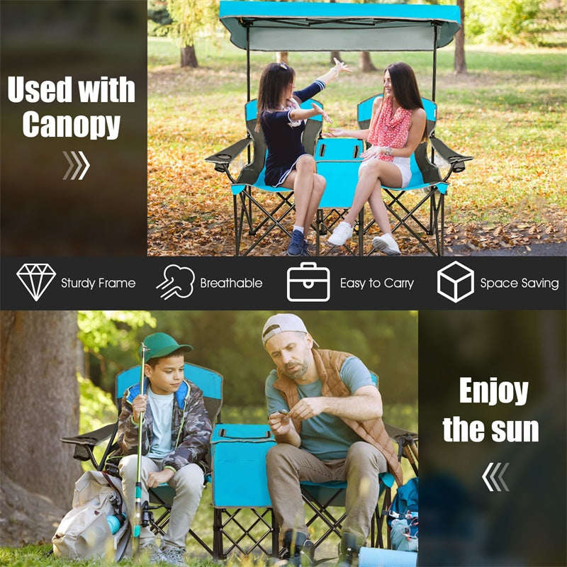 Folding Double Camping Chairs with Shade Canopy Portable Beach Chairs with Cup Holder