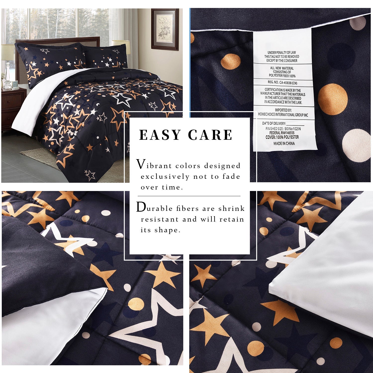 HIG Geometric Print Comforter Set, Grid / Stars Pattern, 3 PCS Lightweight Quilted Comforter with Two Shams