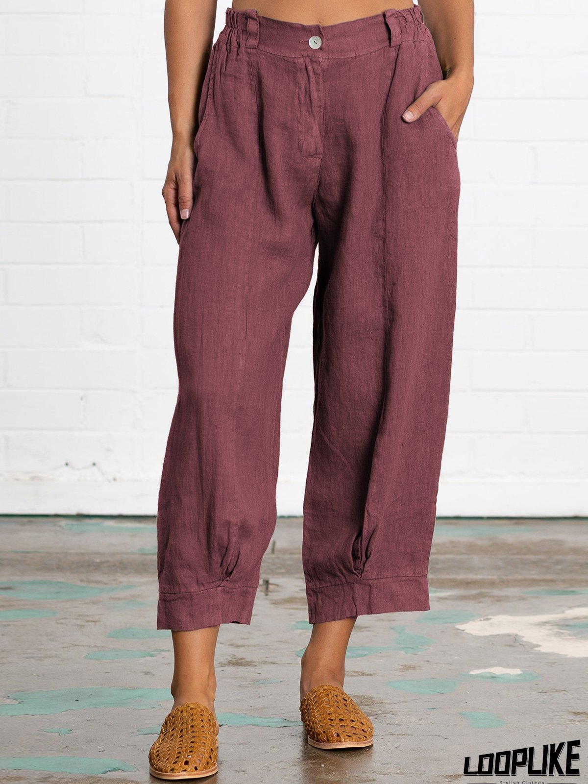 Linen Women Loose Capri Pants With Pockets