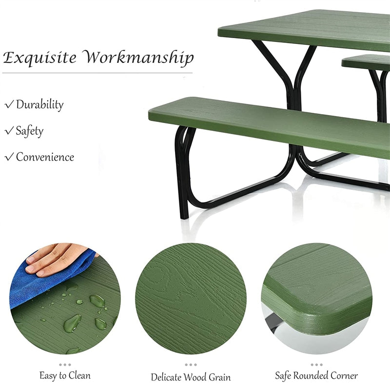 Outdoor Picnic Table Bench Set All-Weather Camping Dining Table Set with Metal Base