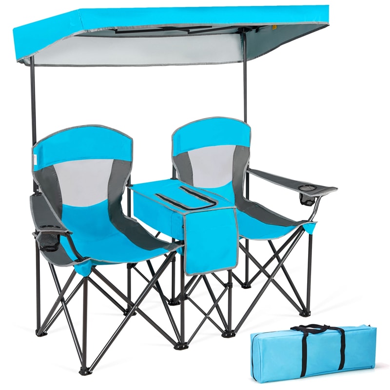 Folding Double Camping Chairs with Shade Canopy Portable Beach Chairs with Cup Holder