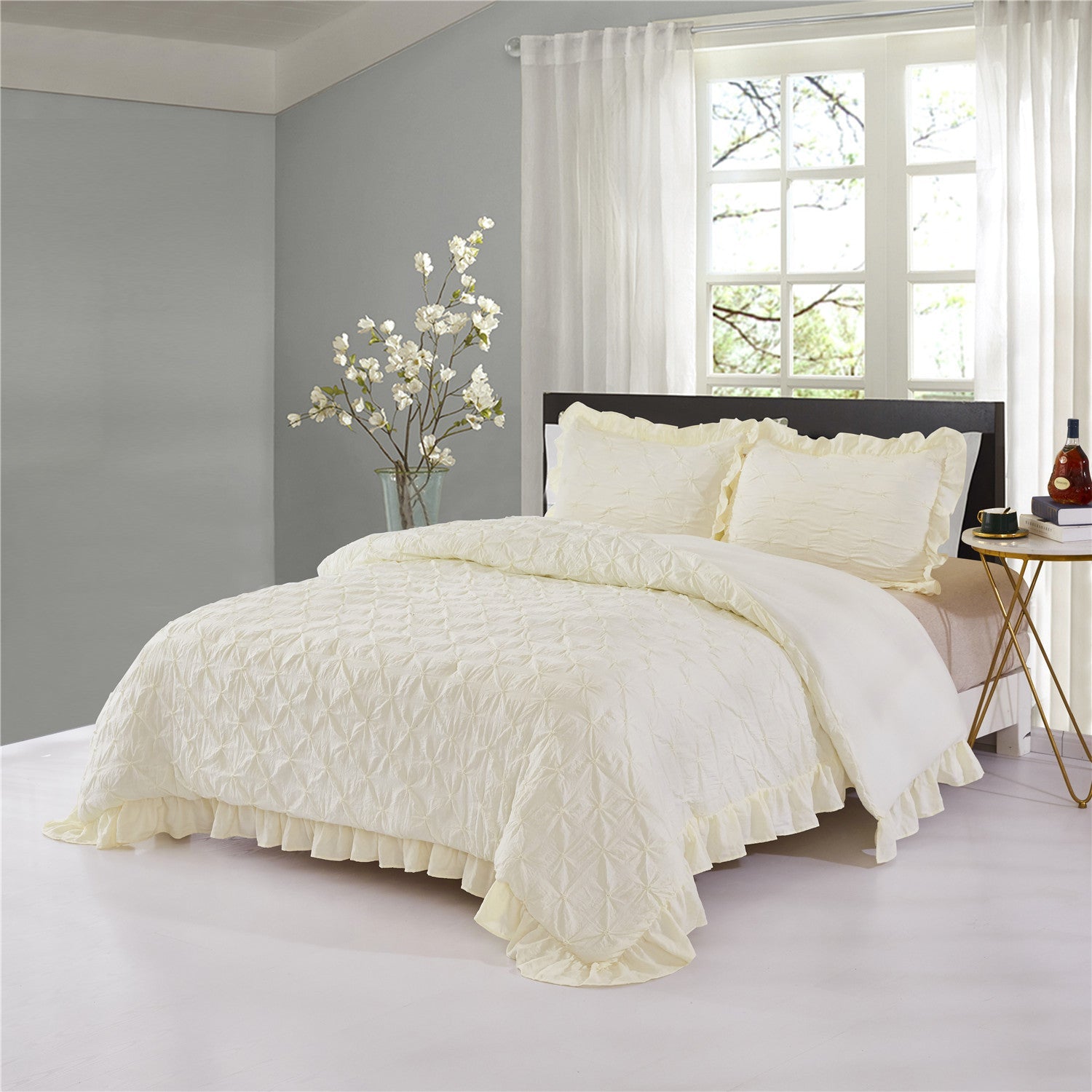 3 Piece Pinch Pleated Comforter Set - Chic Embroidery Farmhouse Style Bedding Set