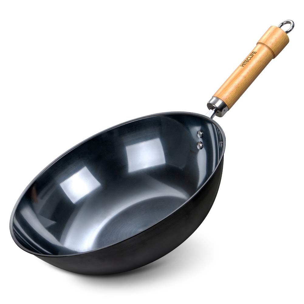 (Store Closing Sale) Wok Pan 12 inch High Carbon Steel Stir Fry Pan with Detachable Wood Handle