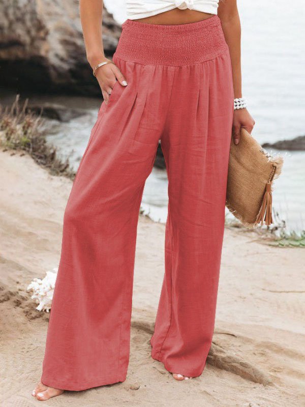 Casual Plain Natural Long Elastic Band Scramble Wide Leg Pants