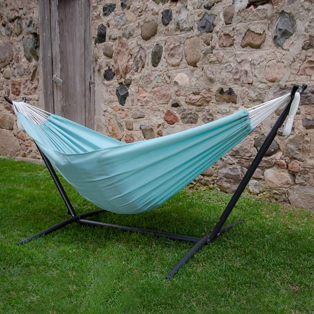 Double Cotton Hammock with Space Saving Steel Stand, Tropical (450 lb Capacity - Premium Carry Bag Included)