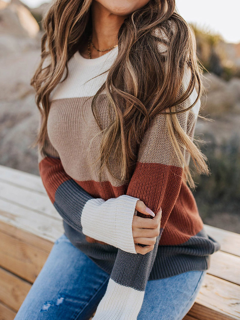 Color Block Knitted O-neck Pullover Sweater