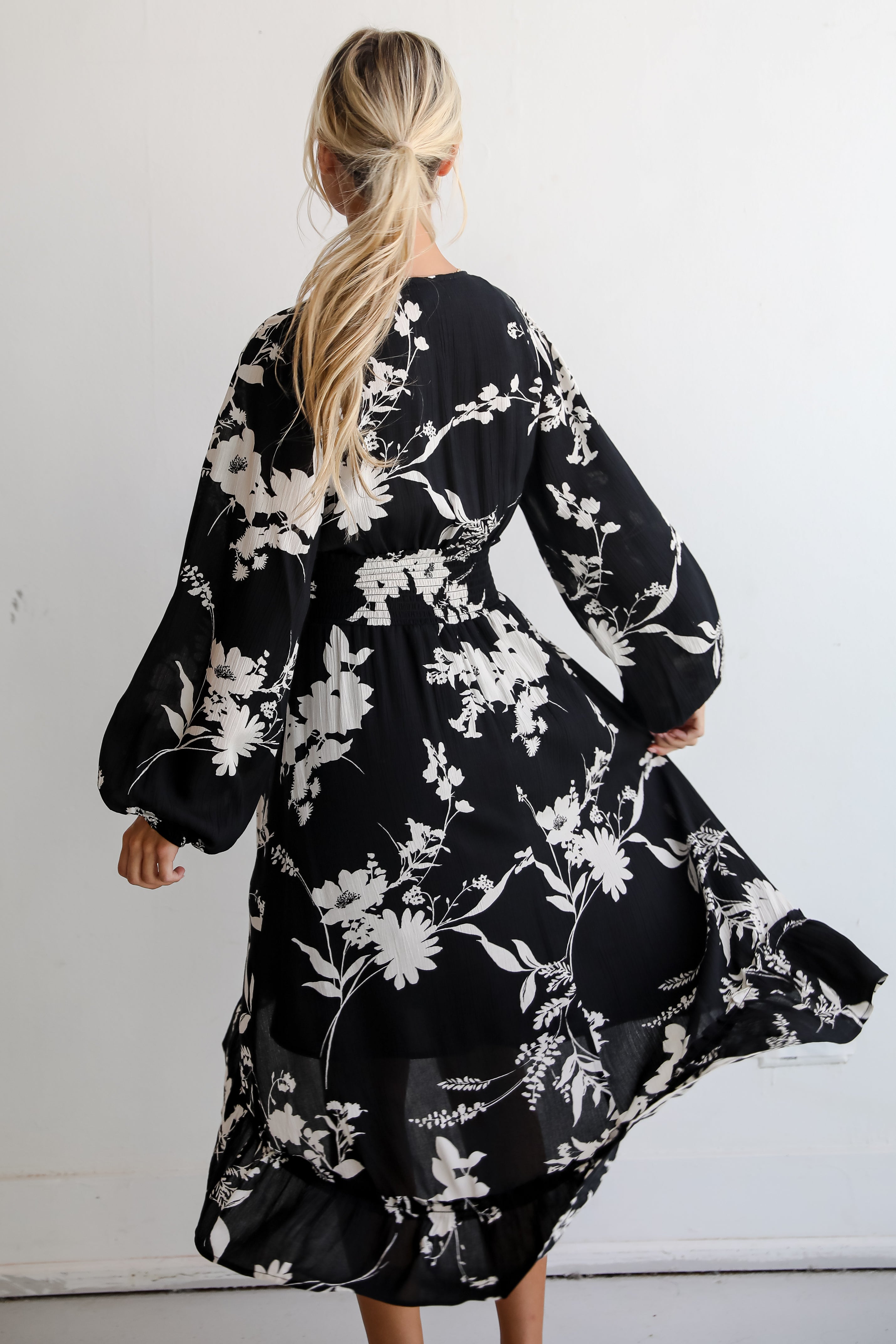 Precious Whimsy Black Floral Midi Dress