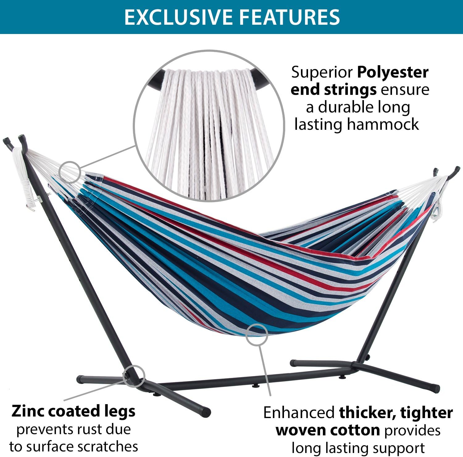 Double Cotton Hammock with Space Saving Steel Stand, Tropical (450 lb Capacity - Premium Carry Bag Included)