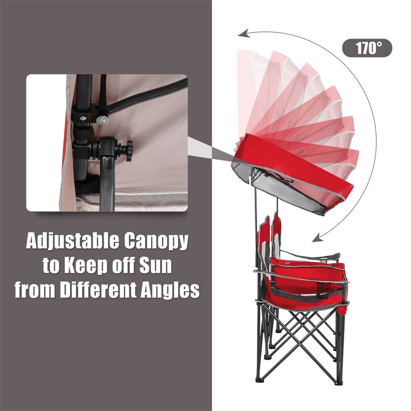 Folding Double Camping Chairs with Shade Canopy Portable Beach Chairs with Cup Holder