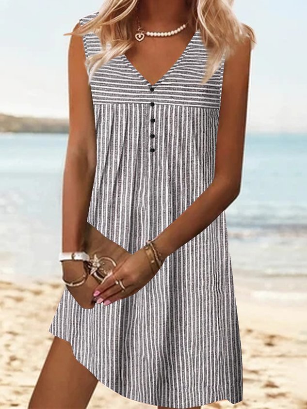 Casual Loose V Neck Striped Dress