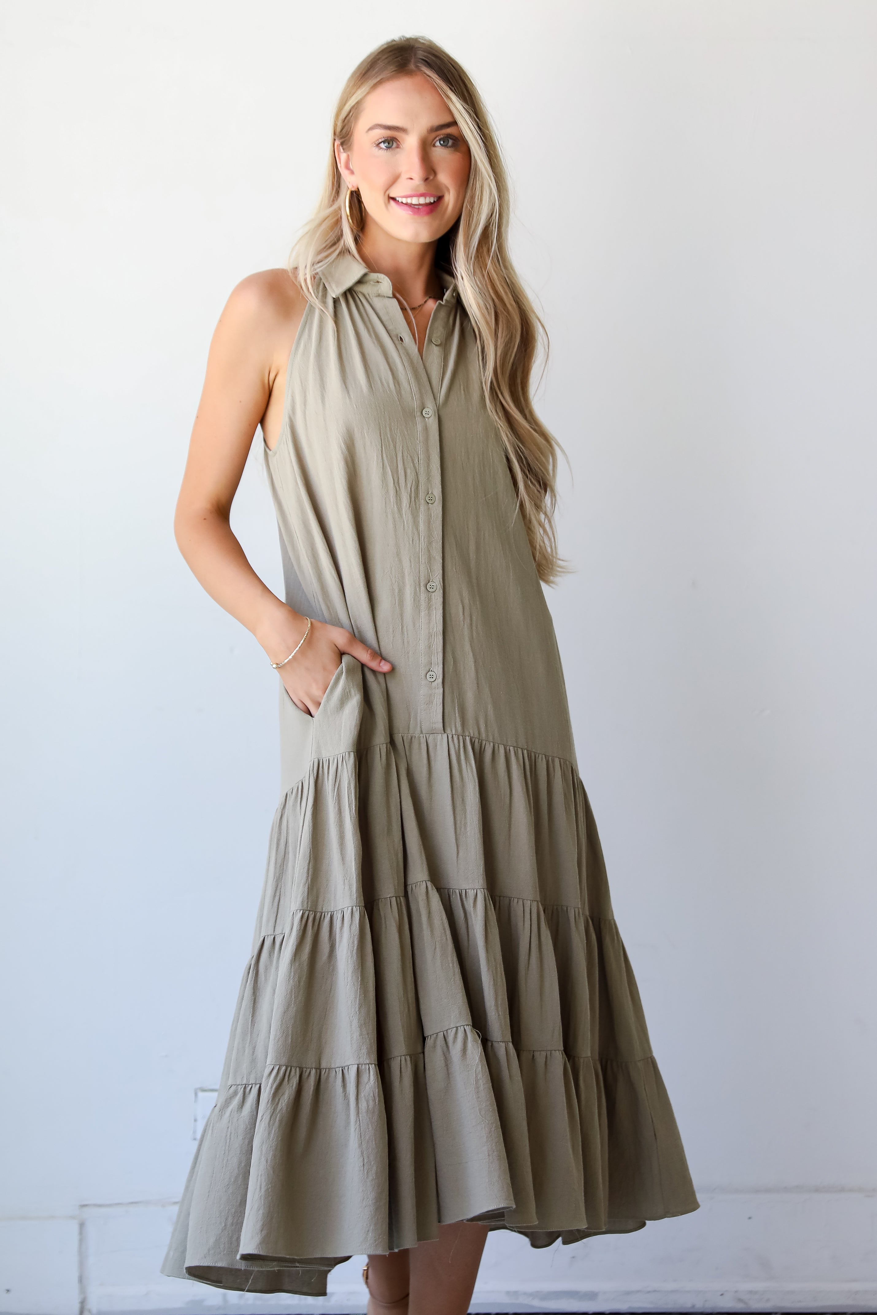 Sweet Destiny Light Olive Tiered Midi Dress